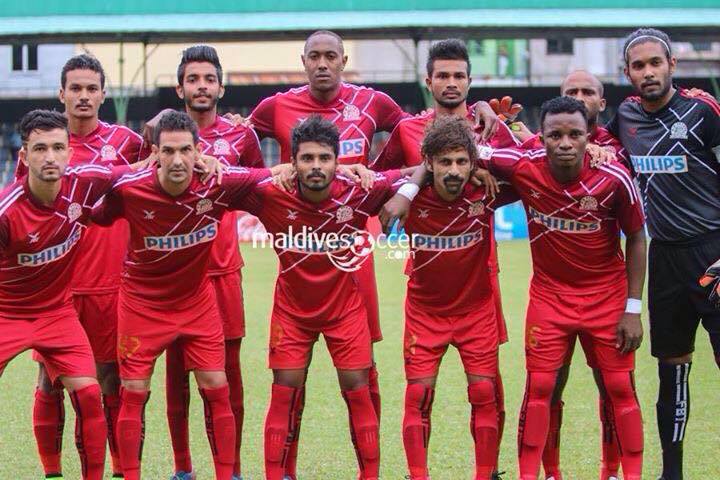 Saadullah (Far left, 1st row) with his club team. Picture Credit: Maldives Soccer. 